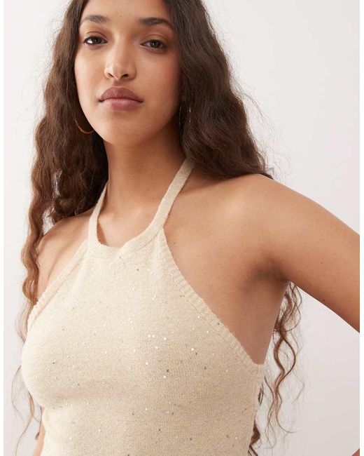 Motel Natural Yakanta Sequin Detail Knitted Mini Halter Dress