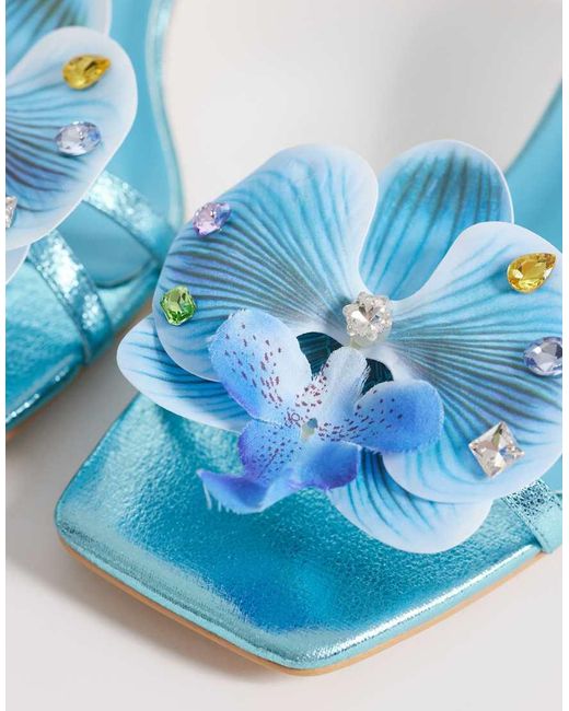 Kaiia Blue Exclusive 00S Strappy Lace Up Diamante Orchid Floral Heeled Sandals