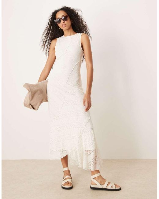 Gina Tricot Natural Antique Lace Craft Sleeveless Asymmetric Hem Midi Dress
