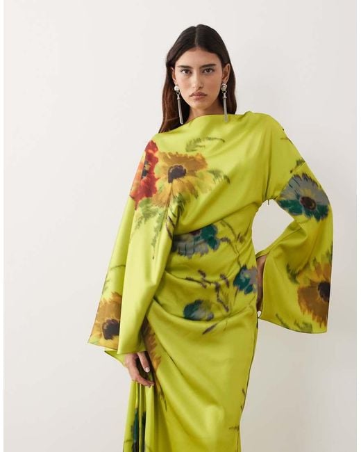 ARRANGE Yellow High Neck Satin Long Sleeve Maxi Dress