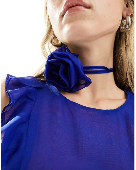 Amy Lynn Blue Ruffle Chiffon Midi Dress And Neck Corsage