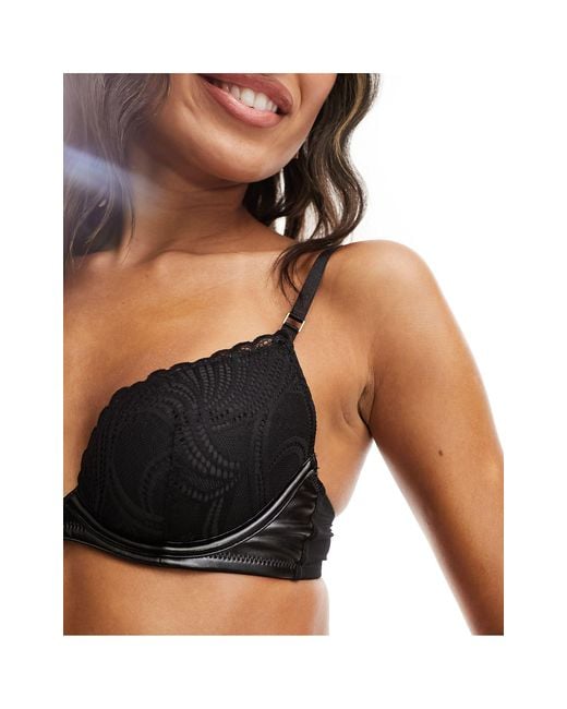 Ann Summers Black Enraptured Lace Padded Plunge Bra With Pu Detailing