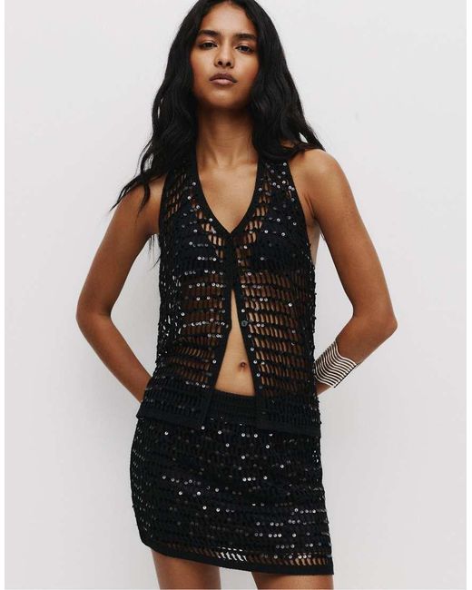 Pull&Bear Gehaakte Mini Rok Met Lovertjes in het Black