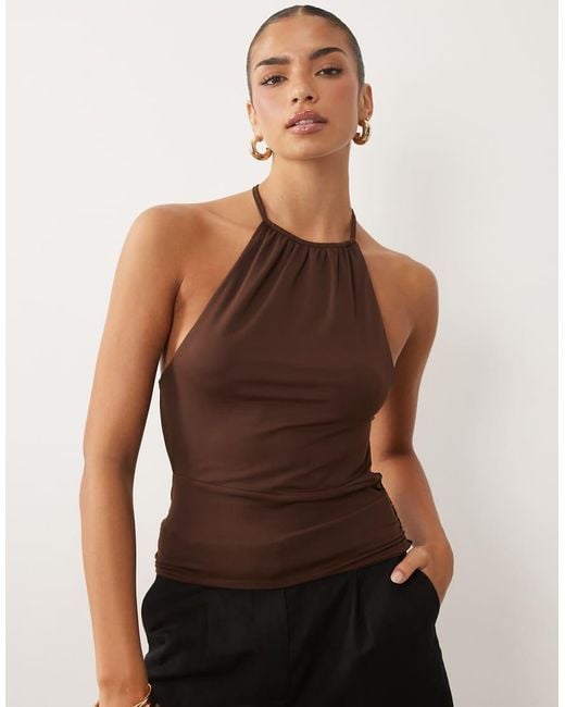 ASOS Brown Polyamide High Neck Cut Away Cinched Halter