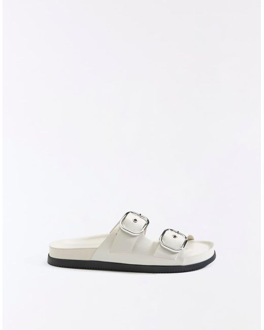 Bershka White Flat Slider Sandals With Buckles