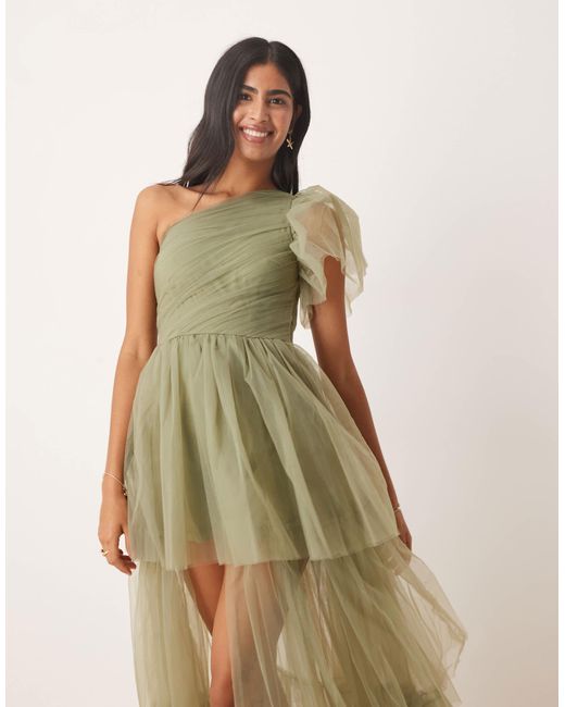 Robe longue et asymétrique en tulle avec volants étagés - olive doux LACE & BEADS en coloris Green