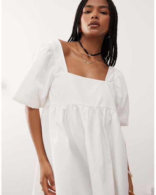 Reclaimed Vintage White Soft Denim Twill Smock Babydoll Mini Dress With Pintuck Details