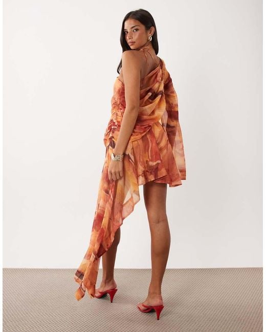 ASOS Orange One Shoulder Asymmetric Chiffon Mini Dress