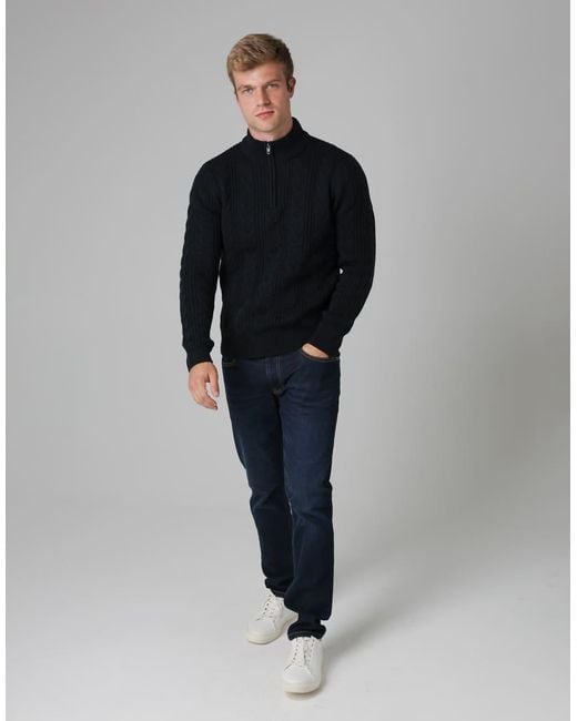 French Connection Blue 1/2 Zip Cable Knit Jumper for men