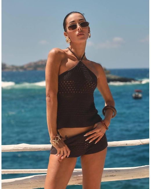 SIMMI Blue Crochet Knit Halter Top