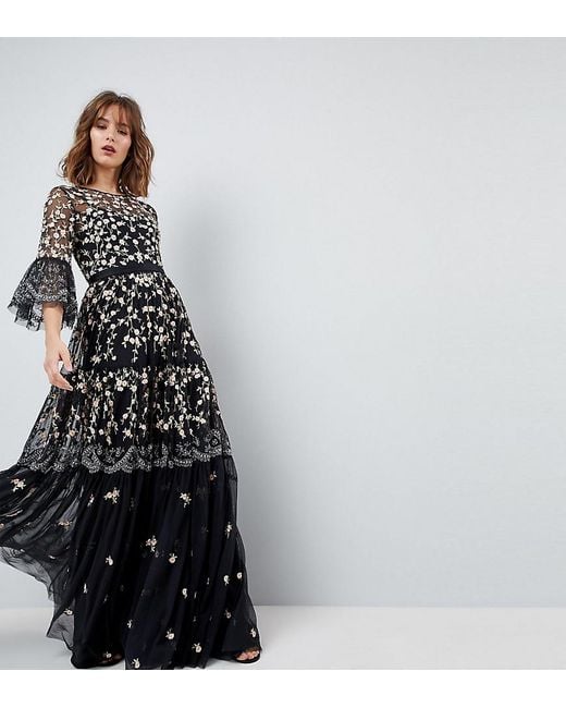 Needle & Thread Black Allover Embroidered And Embellished Maxi Gown With Fluted Sleeves