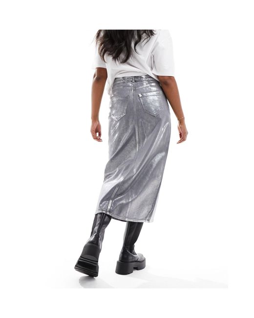 River Island White Coated Denim Midi Skirt