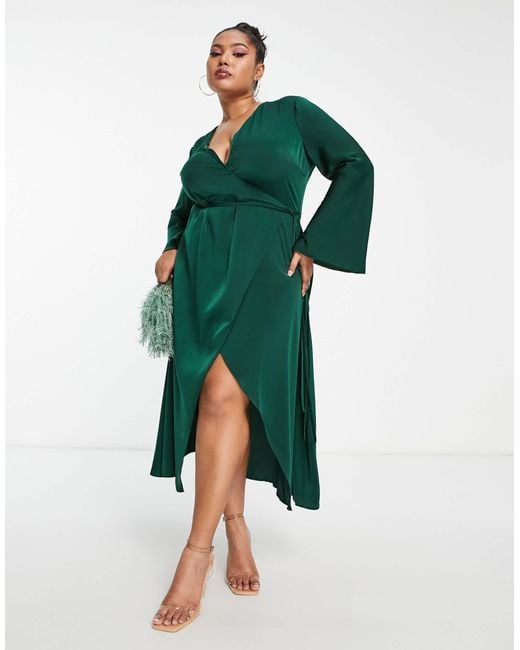 ASOS Green Asos Design Curve Bias Cut Satin Wrap Dress With Tie Waist
