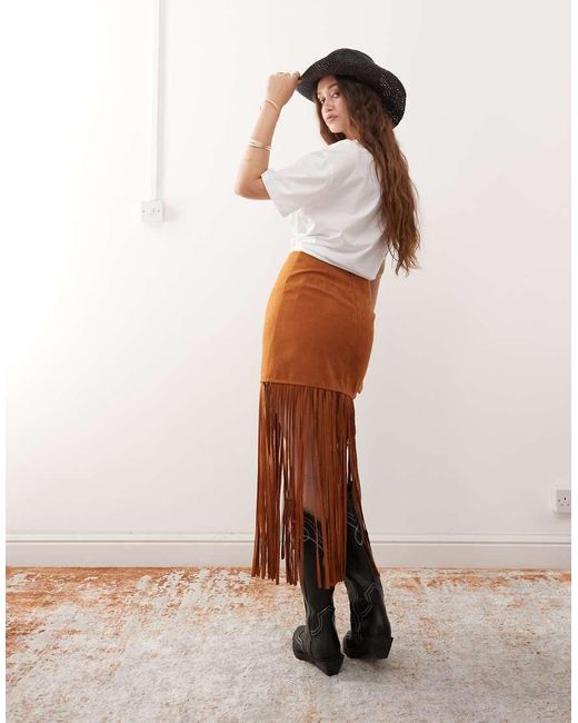 Miss Selfridge Brown Festival Suedette Fringe Skirt