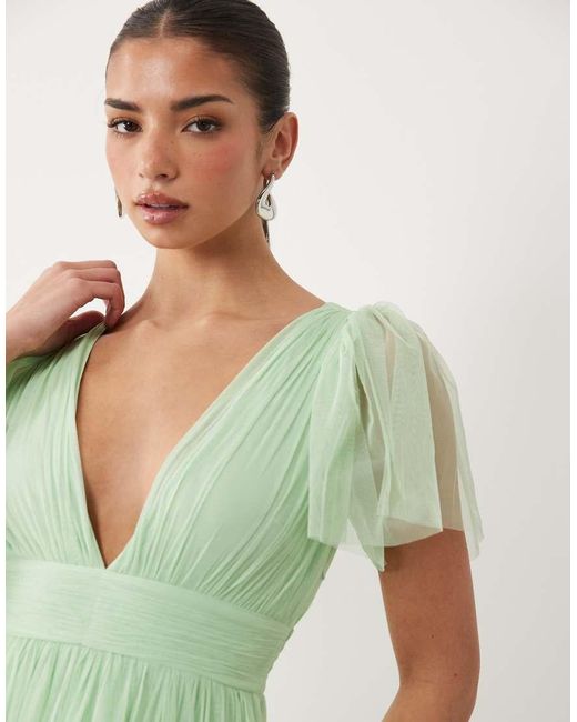 LACE & BEADS Green Bridesmaid Madison Smocked Flutter Sleeve Tiered Maxi Dress