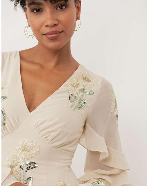 Maya Natural Embellished Long Sleeve Ruffle Maxi Dress