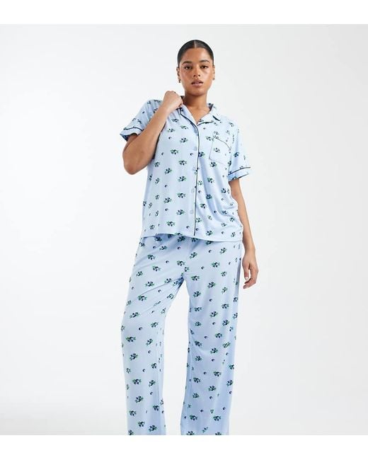 Loungeable Blue Curve Super Soft Jersey Revere Top And Wide Leg Pyjama Set