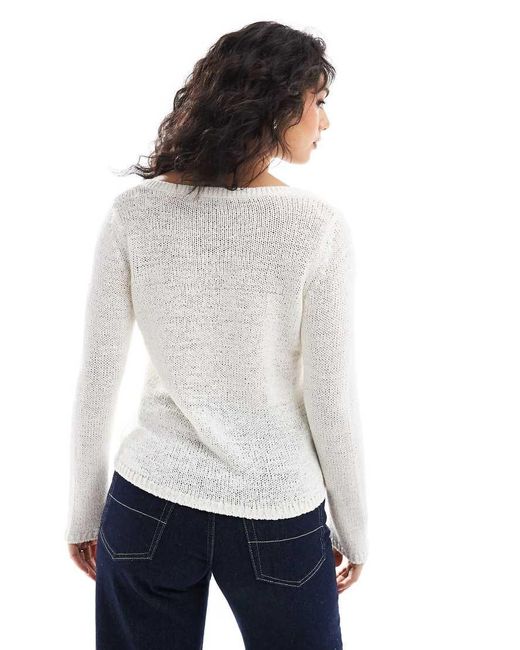ONLY White V-neck Textured Knitted Jumper
