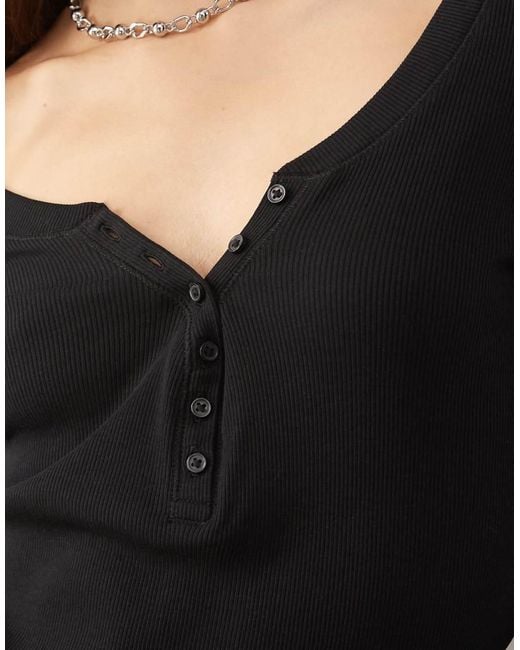 Monki Black Long Sleeve Henley Button Top With Flared Sleeves