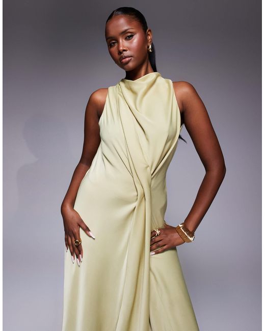 ASOS Natural High Neck Drape Maxi Satin Dress With Tucked Detail