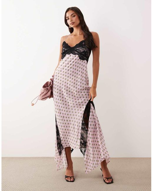 AFRM Pink Vince Printed Mesh Lace Detail Cross Back Midi Dress