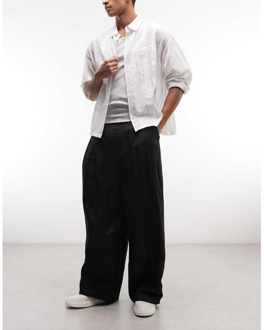 Weekday Black Linen Wide Leg Tailored Trousers With Front Pleats for men