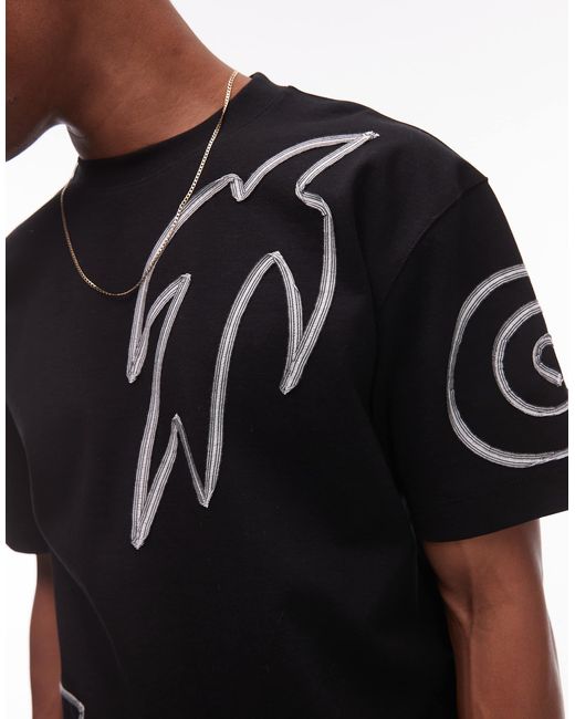 Topman Black Premium Oversized Fit T-shirt With Front And Back Abstract Shapes Cord Embroidery for men