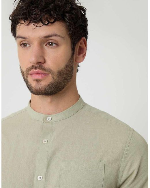 Threadbare Natural Linen Blend Long Sleeve Grandad Collar Shirt for men