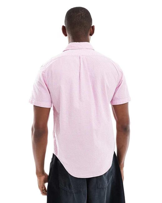 Polo Ralph Lauren Purple Short Sleeve Icon Logo Seersucker Stripe Shirt Custom Fit for men