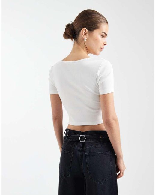 ONLY White V-neck Ruched Detail Ribbed Crop T-shirt