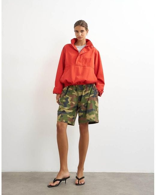 TOPSHOP Red Denim Funnel Neck Bubble Hem Top