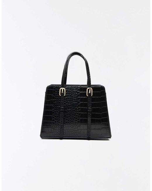 Bershka Black Textured Box Bag With Buckles