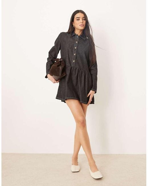 ASOS Natural Denim Smock Mini Dress With Dropped Waist