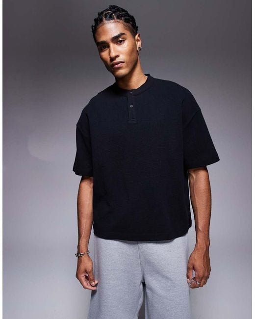 Camiseta Negra De Corte Cuadrado Extragrande Con Cuello Panadero De Punto Gofrado De ASOS de hombre de color Blue