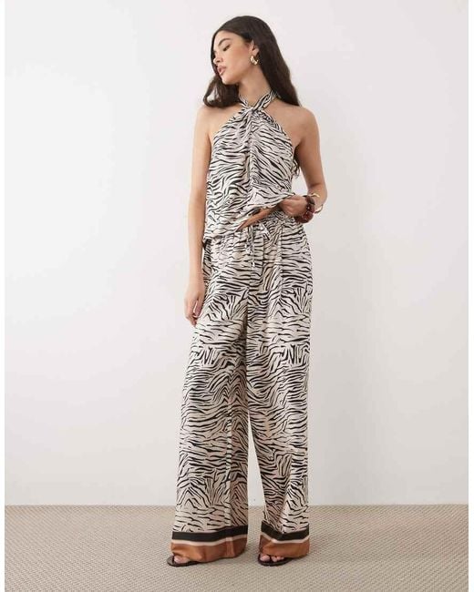 River Island White Satin Zebra Print Wide Leg Trousers