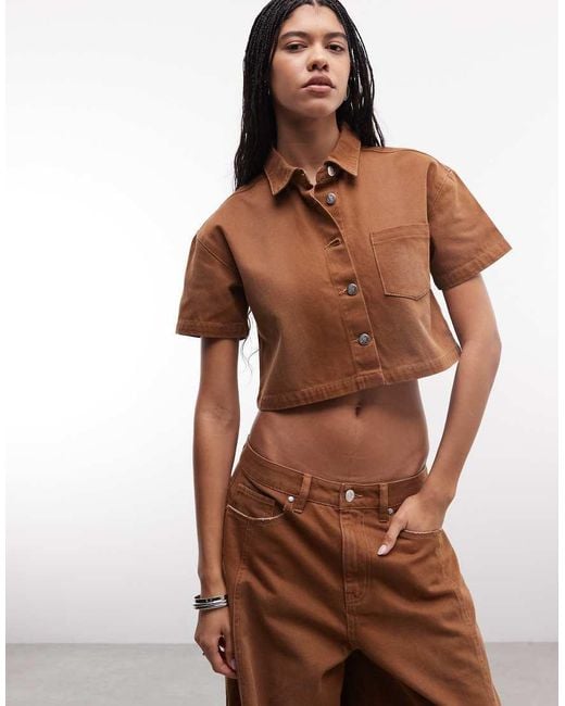 Liquor N Poker Brown Boxy Cropped Denim Shirt