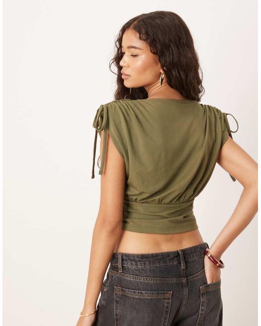 ASOS Green Drawstring Power Shoulder Cinched Top