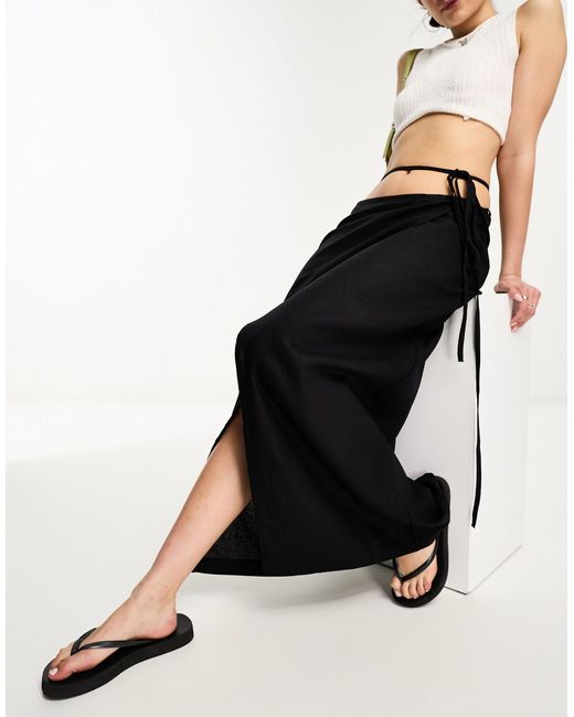 Weekday Black Fold Linen Blend Midi Skirt