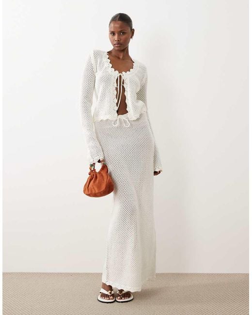 The Frolic Purple Exclusive Cotton Rich Open Crochet Scallop Edge Tie Split Front Long Sleeve Beach Top Co-Ord
