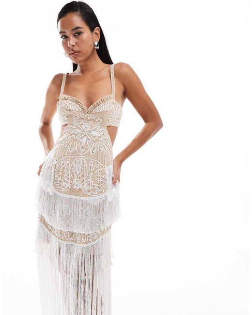 ASOS White Cupped Embellished Cut Out Maxi Dress With Fringing