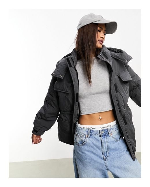 Veste matelassee a poches et cordon Bershka en coloris Gris Lyst