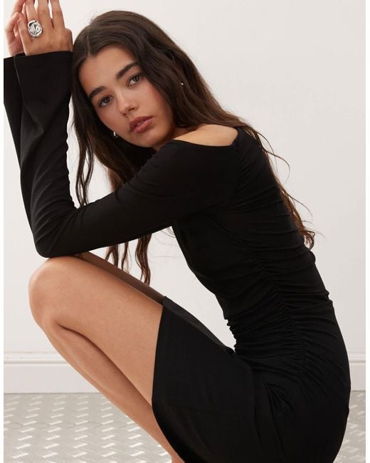 Weekday Natural Long Sleeve Asymmetric Shoulder Mini Dress With Ruched Sides