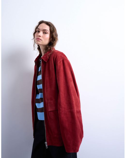 TOPSHOP Red Real Suede Cf Zip Through Jacket