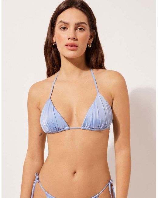 Calzedonia Blue Calzendonia Triangle Bikini Top Shiny Satin