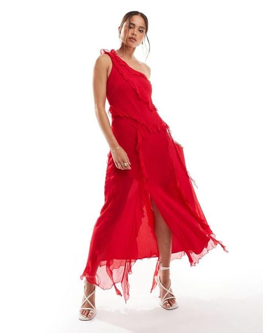 Mango Red Frayed One Shoulder Midi Dress