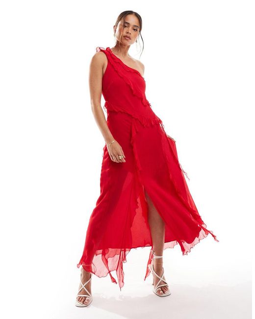 Vestido Midi Asimétrico Con Detalles Desflecados De Mango de color Red