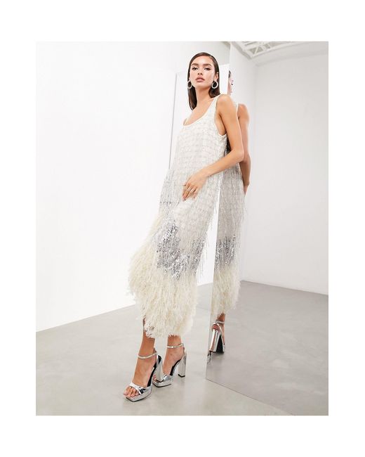 ASOS Natural Scoop Neck Embellished Tassel Midi Dress With Faux Feather Hem