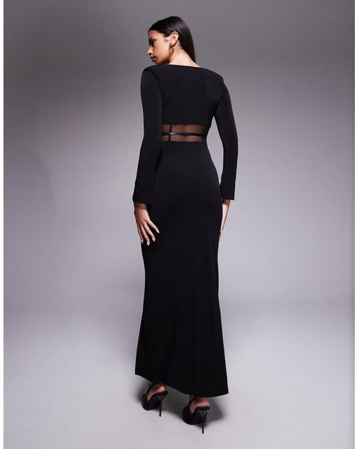 ASOS Blue Long Sleeve Belted Maxi Dress With Mesh Paneling