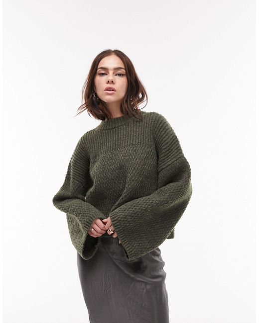 TOPSHOP Green Knitted Mix Stich Wide Sleeve Crew Jumper