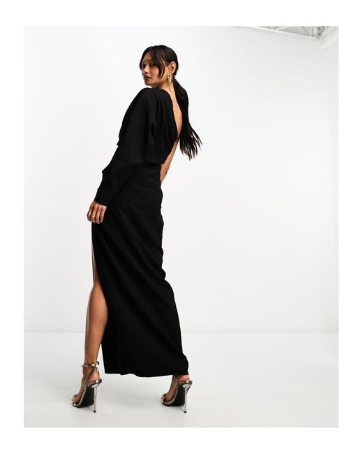 ASOS Black One Sleeve Drape Detail Midi Dress With High Split